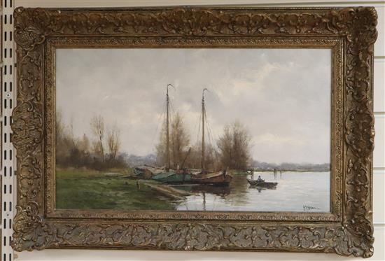 Modern Dutch School, Canal scene, indistinctly signed, oil on canvas, 29 x 49cm